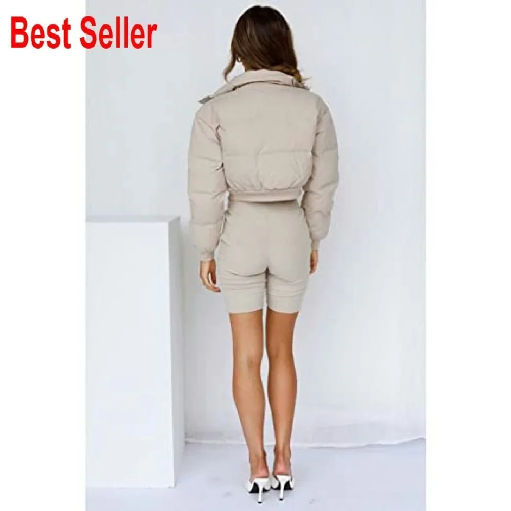 Cropped Puffer Jacket Stand Collar Zip Up Winter Padded Down Coat Chic